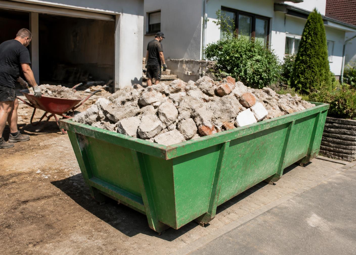 Caçamba cheia de entulho de obra em residência